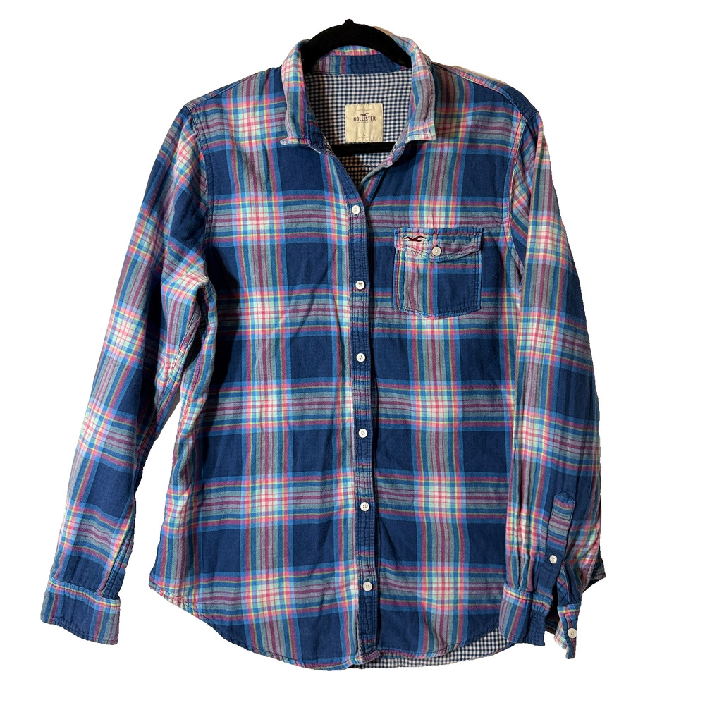 Hollister Womens L Blue Pink Plaid Cotton Button Down Shirt Outdoor Coastal